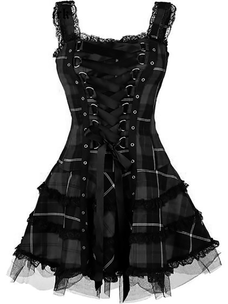 Kariertes Goth Kleid mit Schnürung
