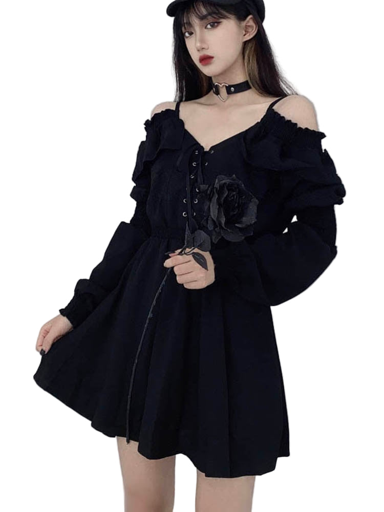 Schulterfreies Goth Kleid mit Rüschen