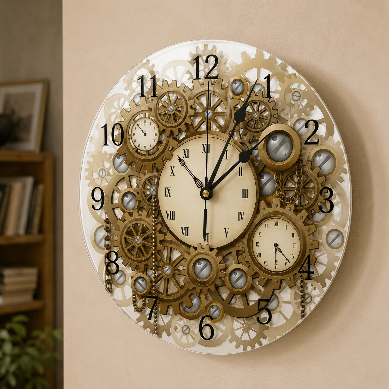 Steampunk Wanduhr mit goldenen Zahnrädern