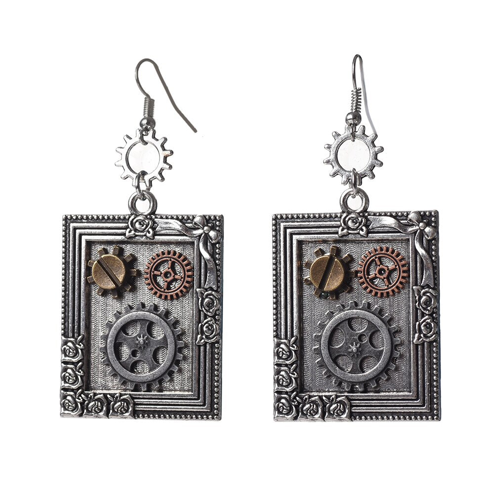 Steampunk Earrings Gear Square Style