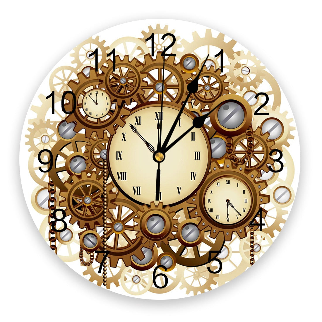 Steampunk Wanduhr mit goldenen Zahnrädern
