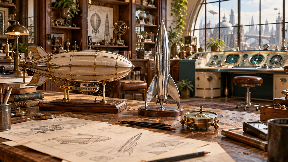 Fiktives Atelier mit Messing-Luftschiffmodell, verchromter Rakete und analogen Instrumenten.