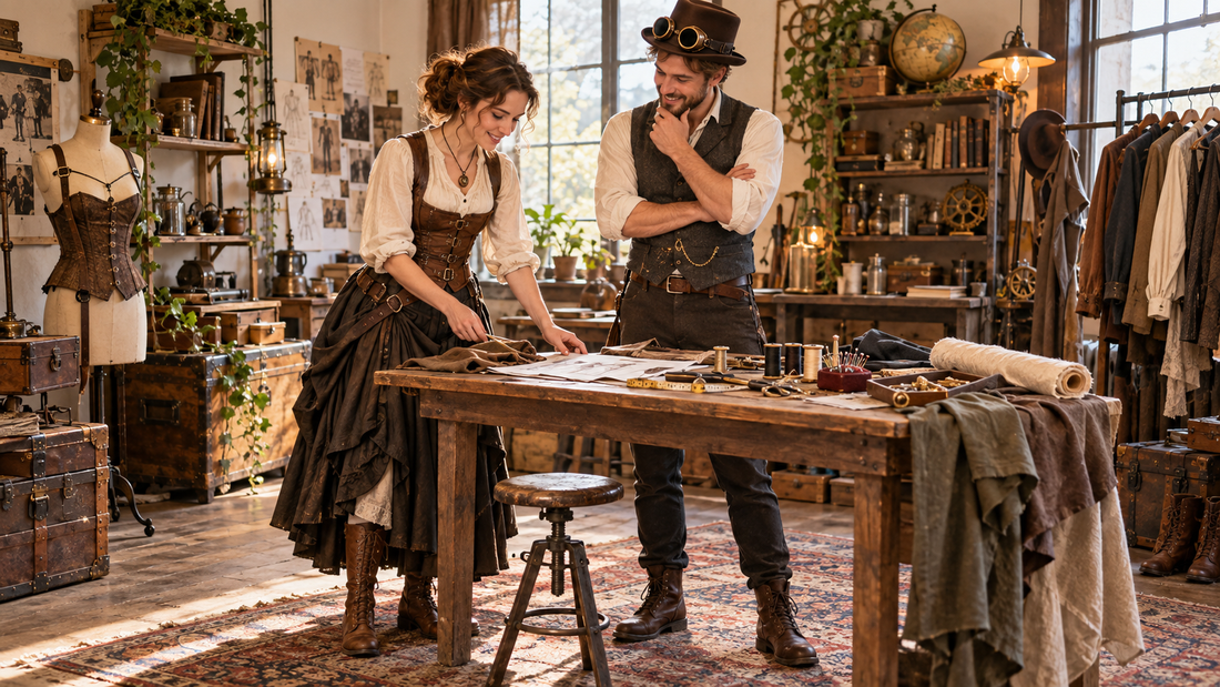 Zwei Erwachsene planen ihre selbst gestalteten Steampunk-Kostüme an einem Arbeitstisch.
