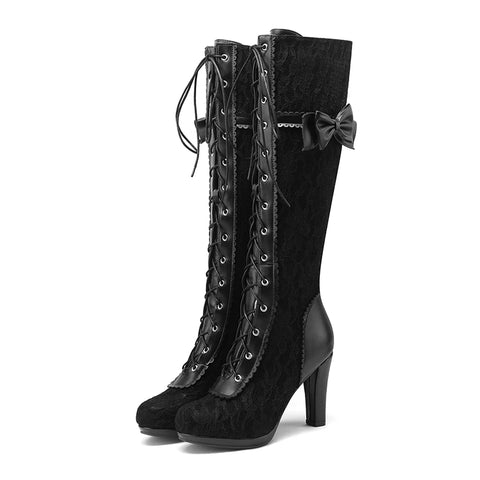 Schwarze Gothic Stiefel mit Schleife