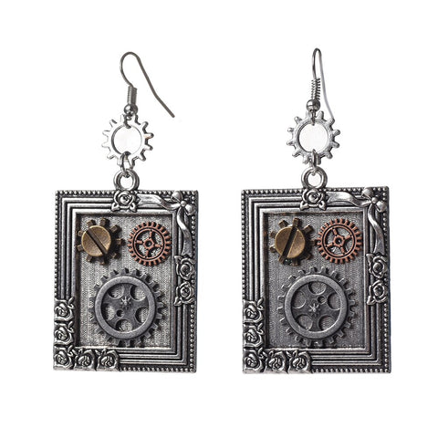 Steampunk Earrings Gear Square Style